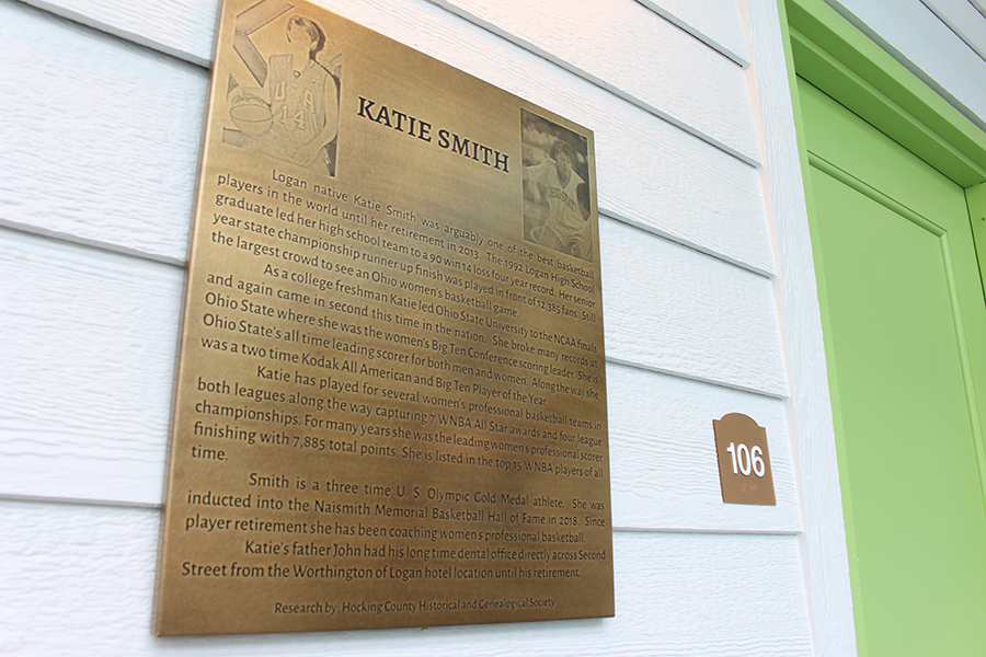 Katie Smith plaque outside hotel room